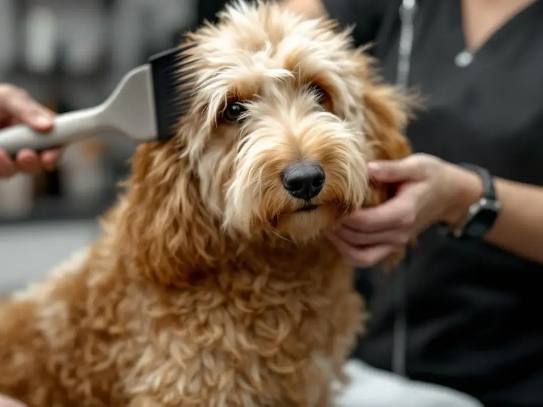 A golden mountain doodle is being groomed, showcasing the brushing technique used for its wavy coat, which combines the...