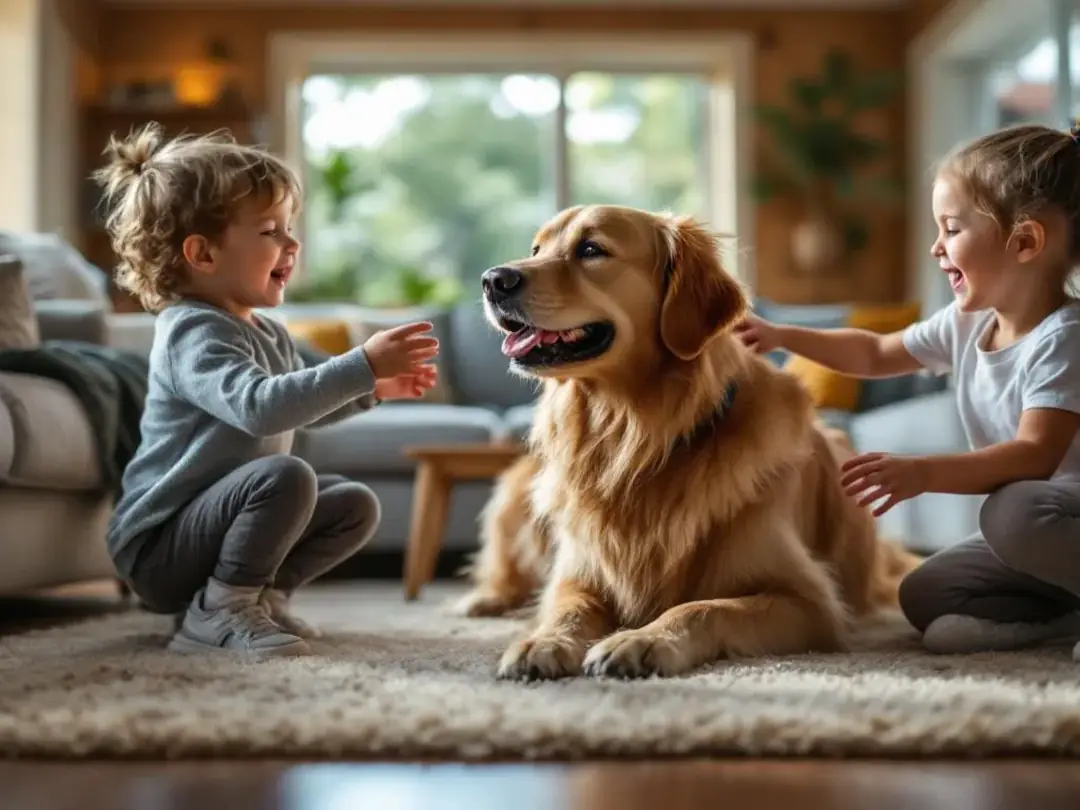 In a cozy living room, a playful golden retriever is gently interacting with young children, showcasing the...