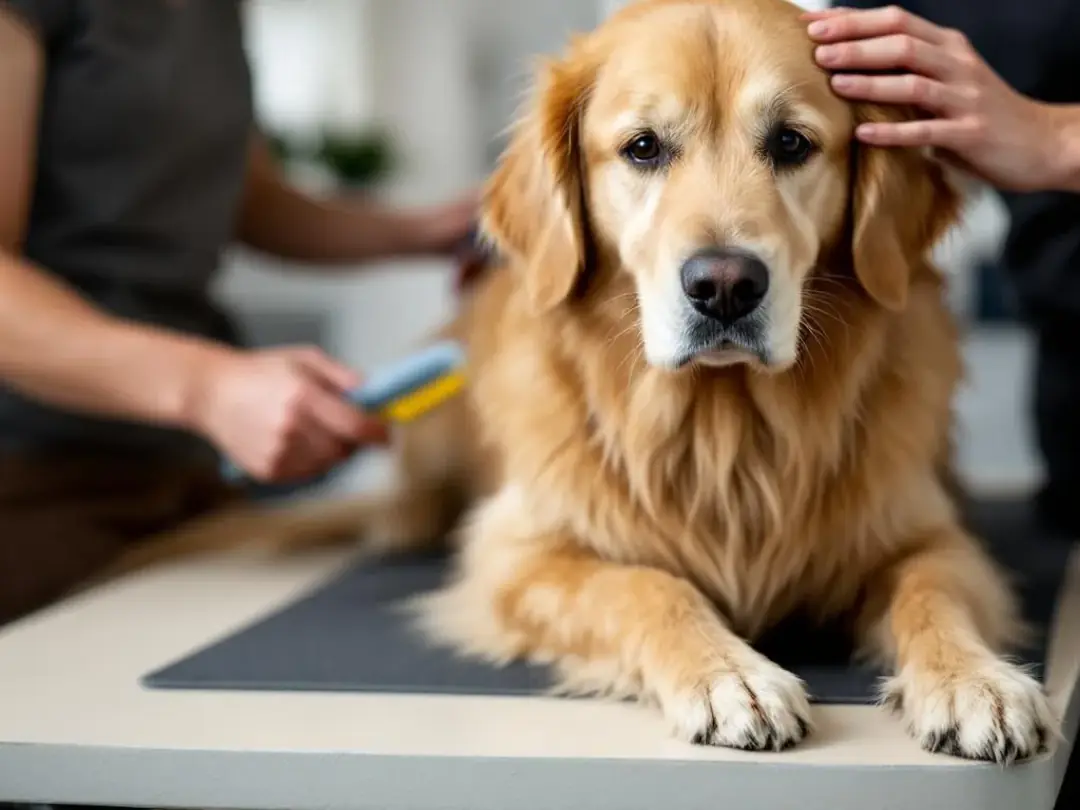 A golden retriever is being gently brushed on a grooming table, showcasing its long, thick coat and friendly demeanor...
