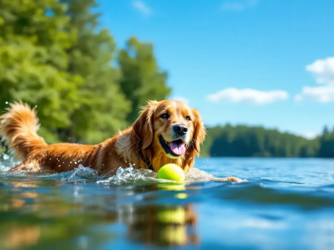 A golden retriever is joyfully swimming in a lake, holding a tennis ball in its mouth, showcasing the breed's playful...