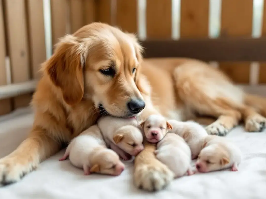A golden retriever mother lies comfortably in a clean whelping area, surrounded by her adorable newborn puppies...