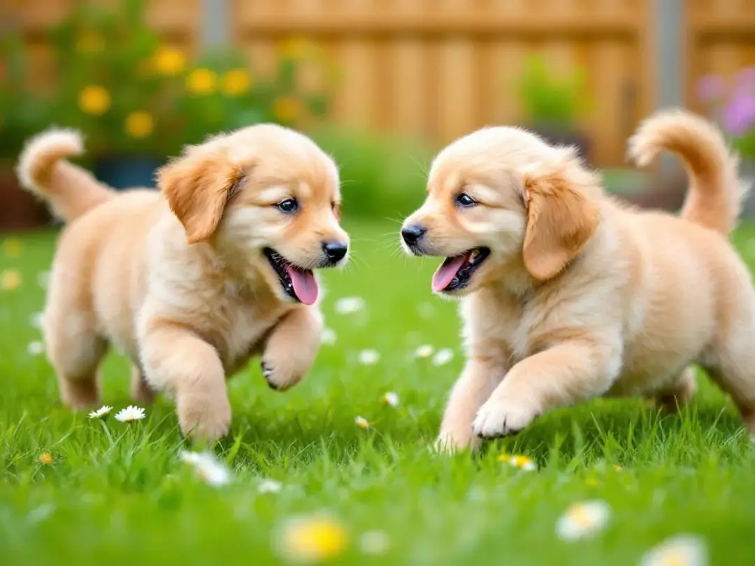 Young golden retriever puppies are joyfully playing together in a grassy yard, showcasing their playful and friendly...