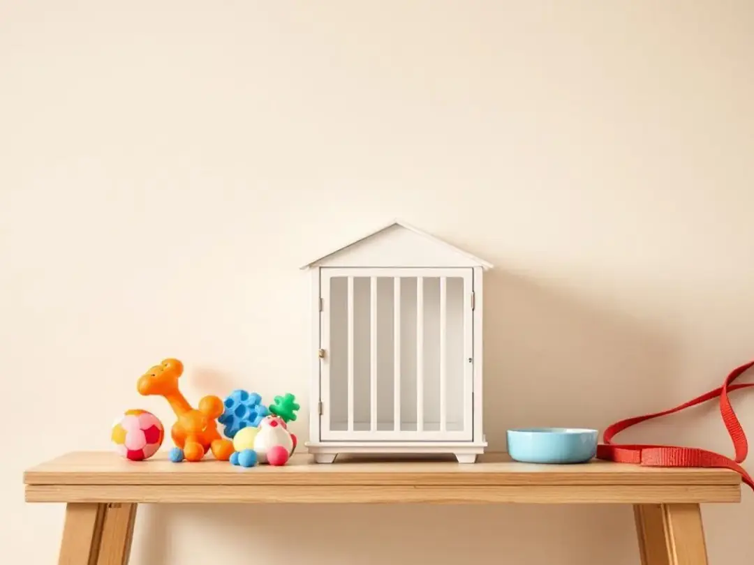 The image shows a variety of puppy supplies laid out, including a crate, colorful toys, food bowls, and a leash, all...