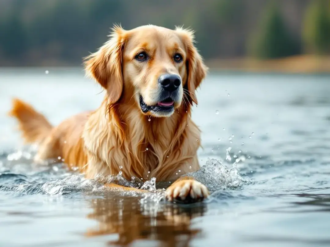 An adult golden retriever joyfully swims in a serene lake, showcasing its natural love for water and active lifestyle...