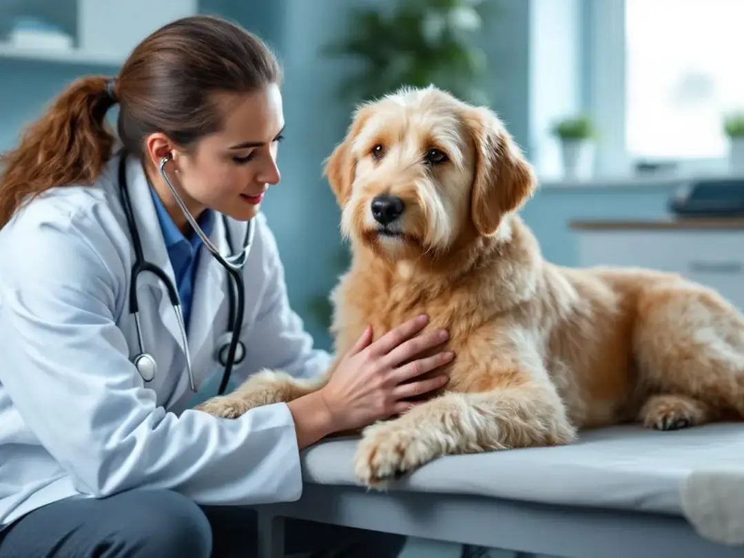 A veterinarian is examining a goldendoodle's heart with a stethoscope during a routine health checkup, ensuring the...