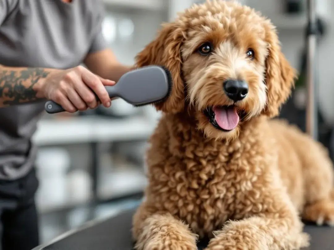 A professional groomer is brushing a goldendoodle's curly coat, demonstrating proper grooming techniques to maintain...