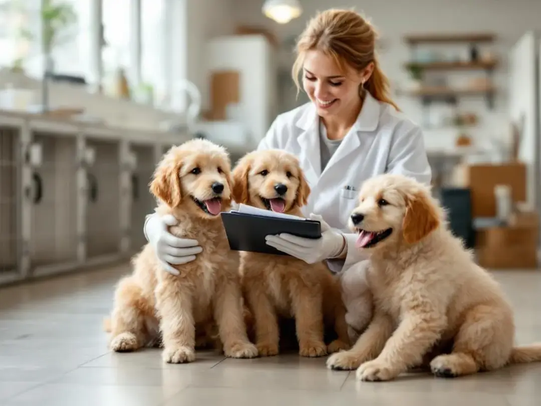 A responsible breeder interacts with playful goldendoodle puppies in a clean and spacious facility while showcasing...