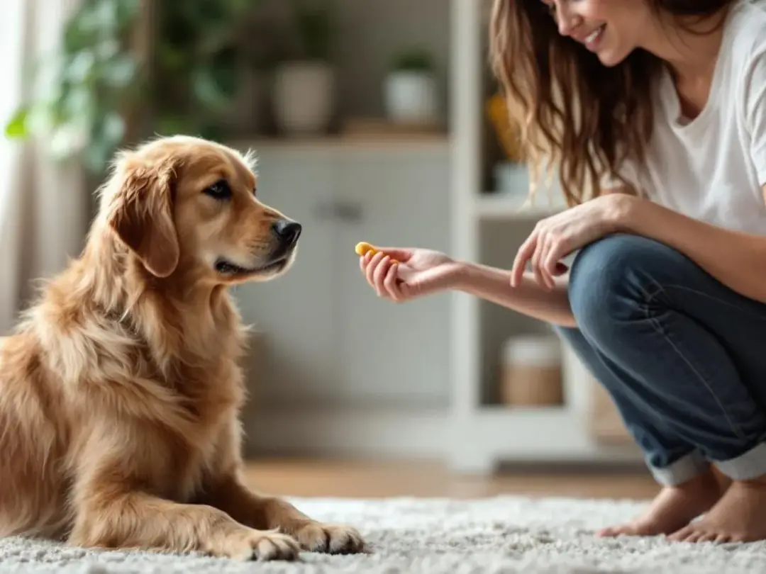 In a calm indoor setting, an owner is training a goldendoodle using treats to encourage positive behaviors and reward...