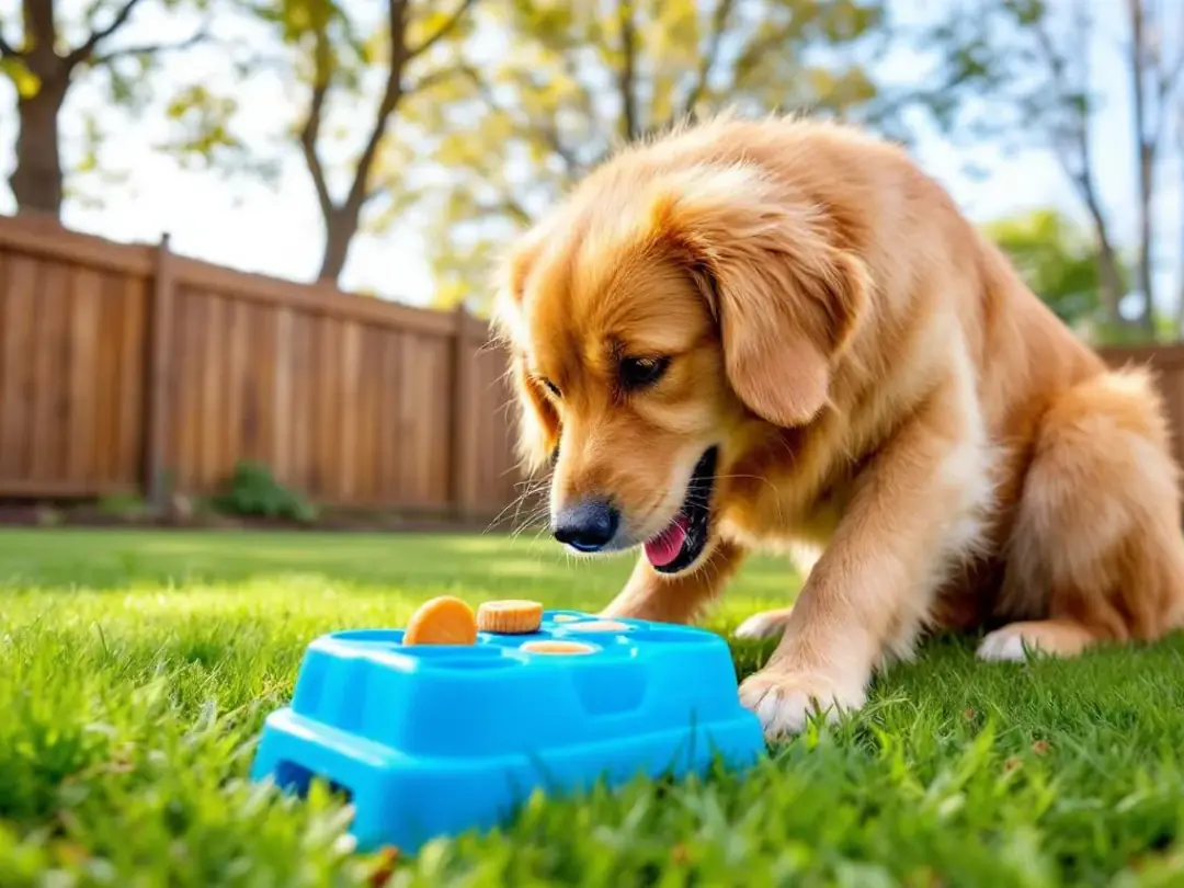A goldendoodle is happily engaged with a colorful puzzle toy in a spacious yard, showcasing its playful nature. This...