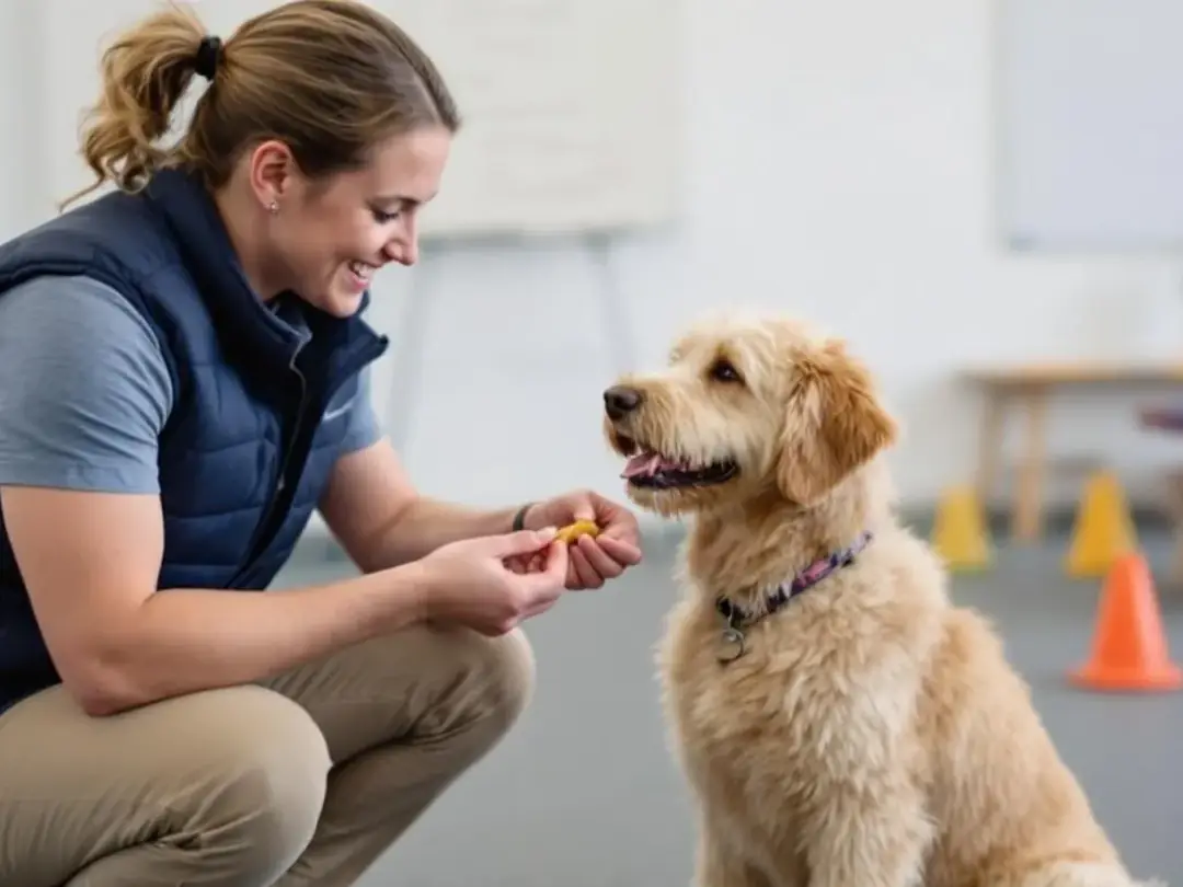 A professional dog trainer is working with a goldendoodle in a training facility, focusing on managing the dog's...