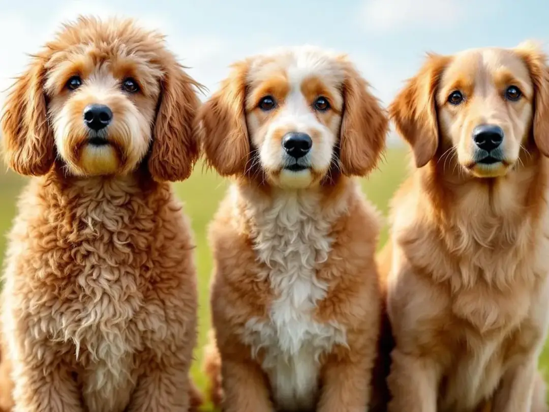 Three goldendoodles are displayed, each showcasing a distinct coat type: one has a curly coat, another a wavy coat, and...