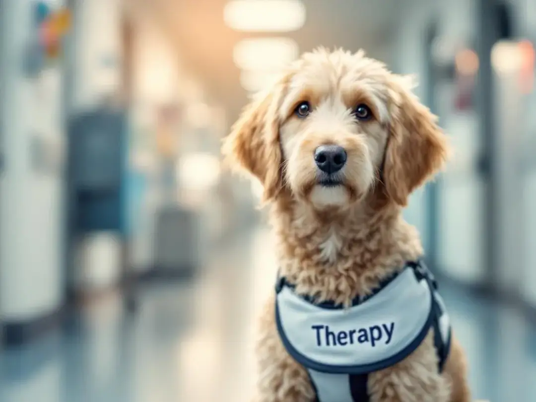 In a healthcare setting, a friendly goldendoodle therapy dog is interacting with patients, showcasing its gentle...