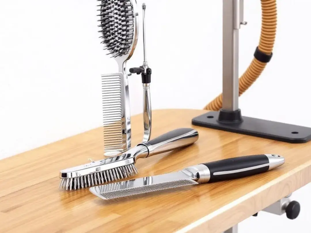 The image features various grooming tools for Goldendoodles, including a slicker brush, a metal comb, and a grooming...