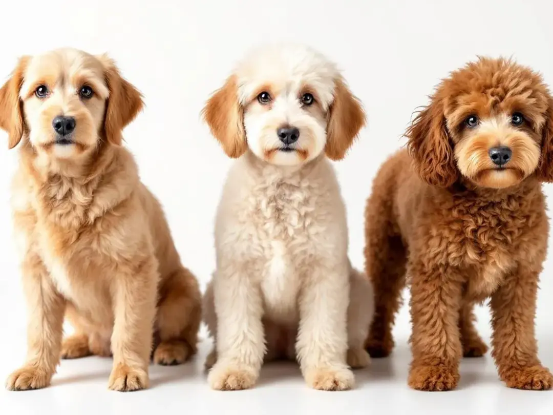 The image features three goldendoodles displaying different coat types: a straight coat, a wavy coat, and a curly coat...