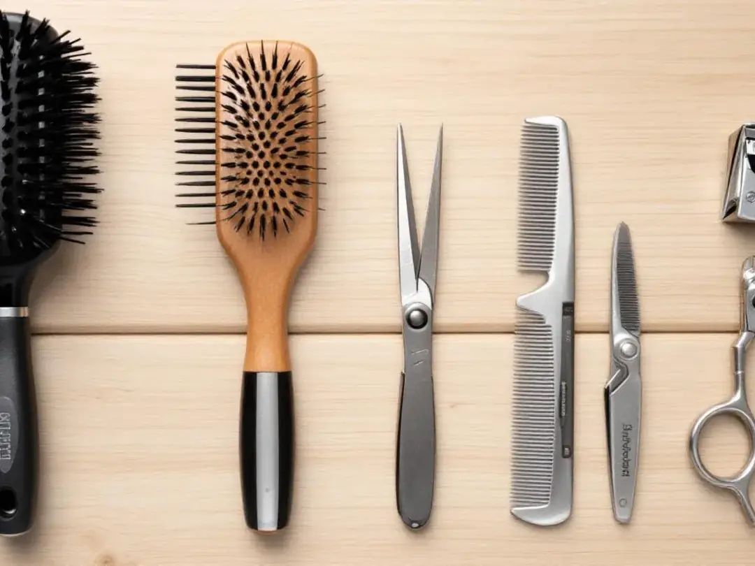 A variety of essential grooming tools for goldendoodles is displayed on a table, including a high-quality slicker...