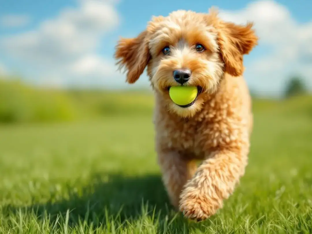A playful goldendoodle with a healthy, well-maintained curly coat is enjoying the outdoors, showcasing its vibrant...