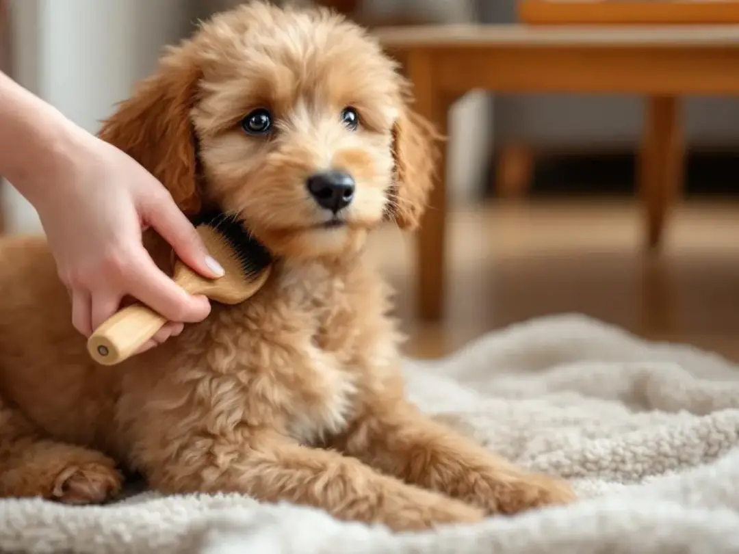 A goldendoodle puppy is being gently introduced to brushing, showcasing the importance of regular grooming for...