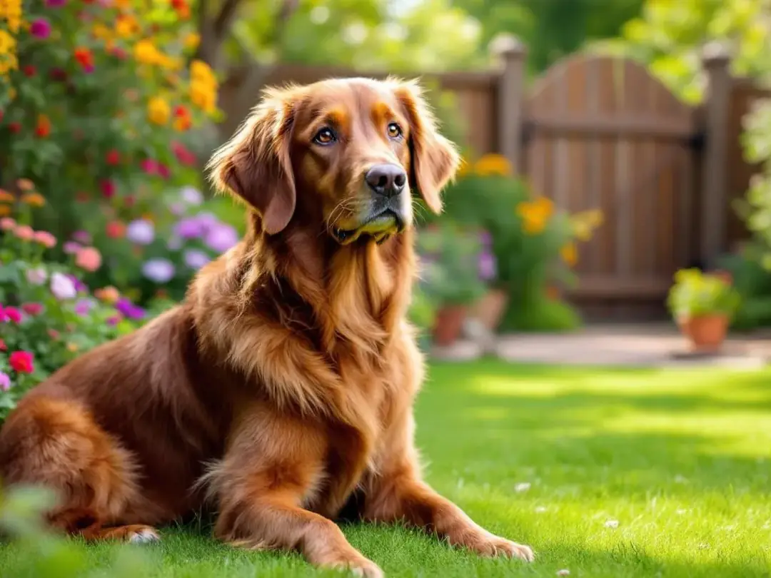 A chocolate Goldendoodle with a rich brown coat is sitting gracefully in a garden, surrounded by lush greenery. This...