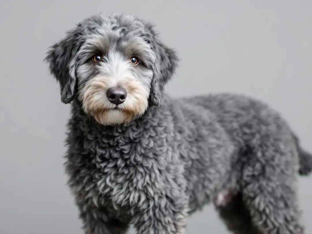 A blue-gray Goldendoodle with a distinctive merle coat showcases its steel gray coloring against a neutral background...