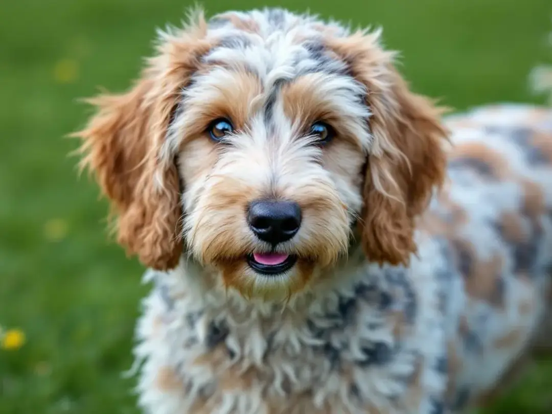 A merle Goldendoodle displays its unique mottled coat pattern, showcasing a variety of goldendoodle colors including...