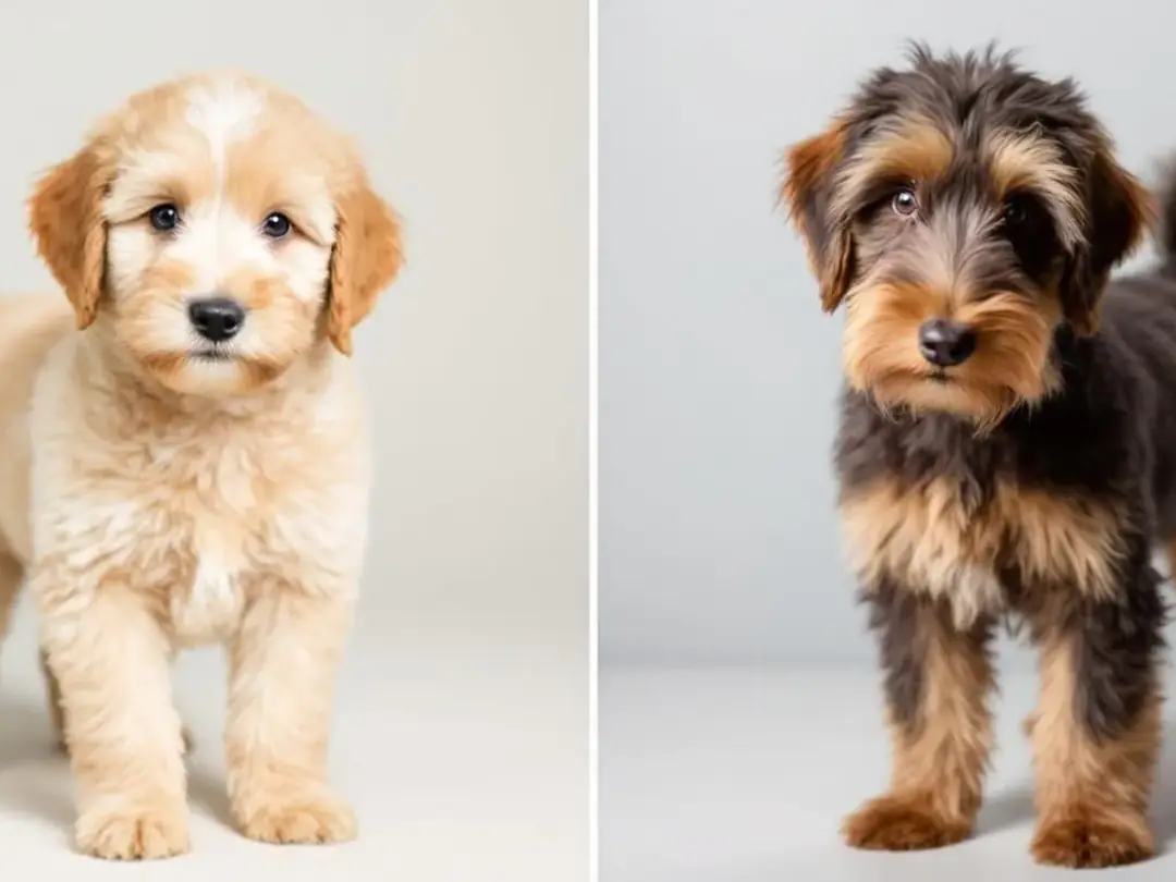 A side-by-side comparison features a Goldendoodle puppy on the left with a soft, wavy coat in shades of cream and...