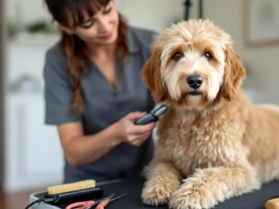 A professional groomer is carefully working on a medium English goldendoodle, surrounded by various grooming tools. The...