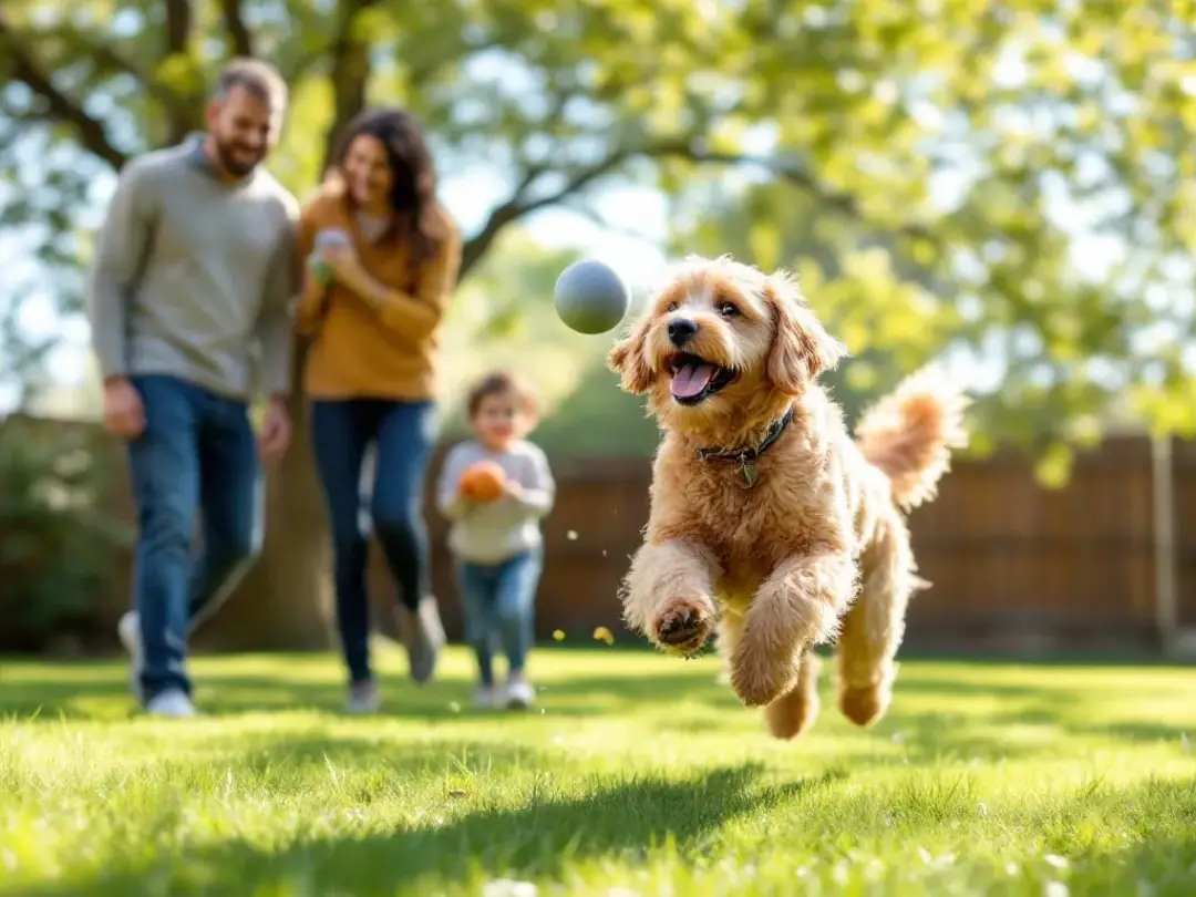 In a sunny backyard, a family joyfully plays with their goldendoodle, showcasing the loving bond between them and their...