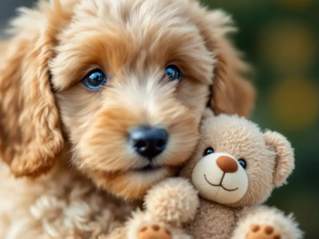 A close-up view of a small English goldendoodle puppy with floppy ears, resembling a teddy bear, is seen playing with a...