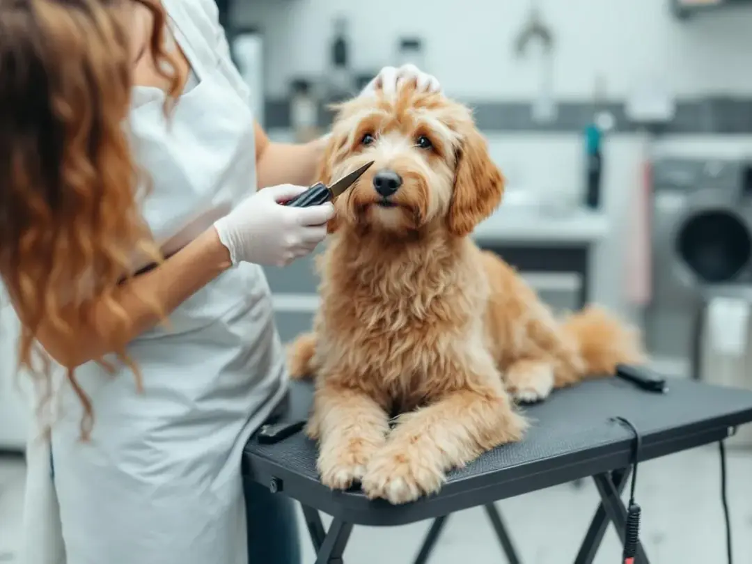 A professional groomer is carefully working on a goldendoodle's coat using various grooming tools, ensuring the dog...