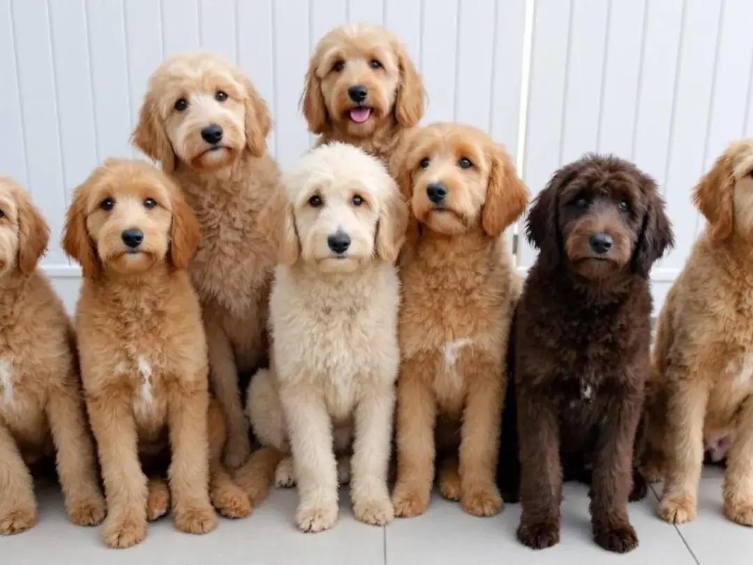 A group of affectionate Goldendoodles of various sizes sits together at a rescue facility in Texas, showcasing their...