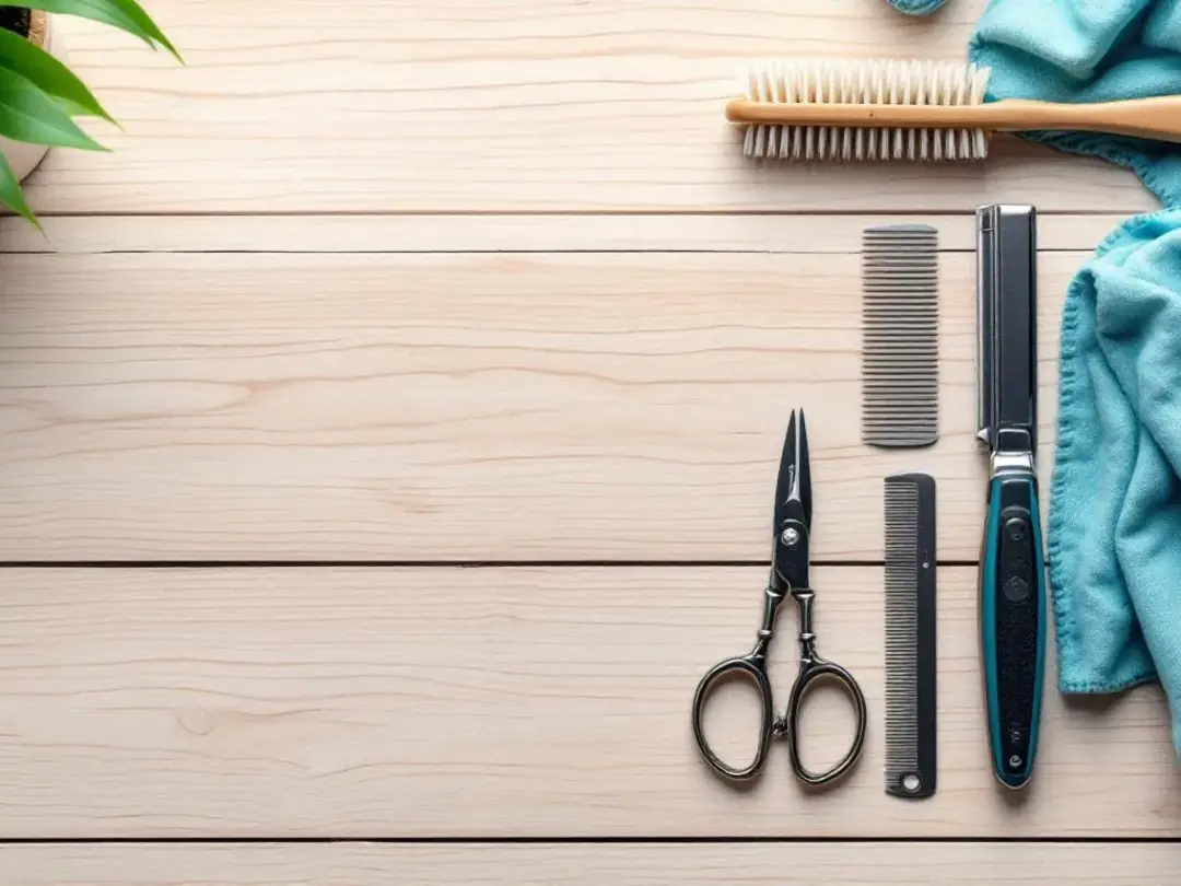 The image features a variety of grooming supplies for Goldendoodles, including brushes, combs, and nail clippers...