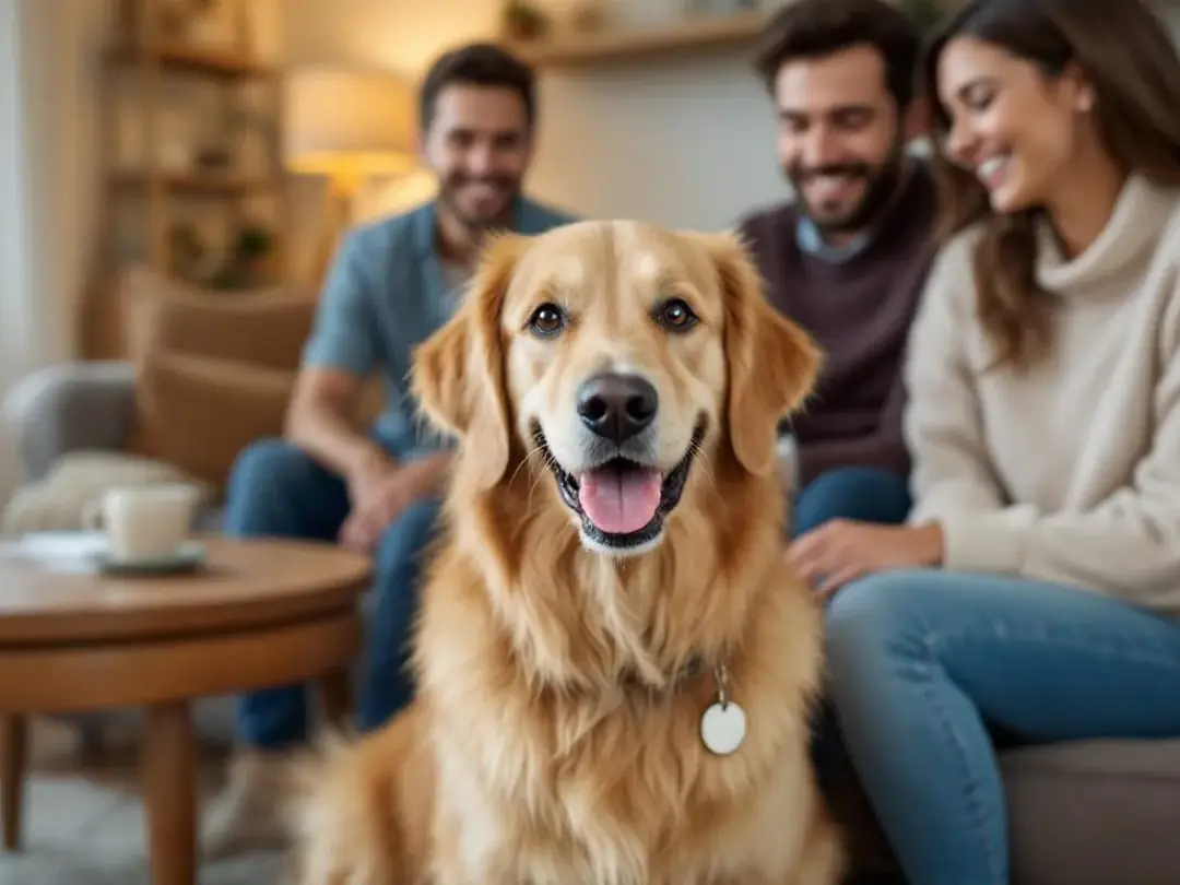 The image shows an adopted Goldendoodle sitting happily on a living room couch, surrounded by their new family, which...