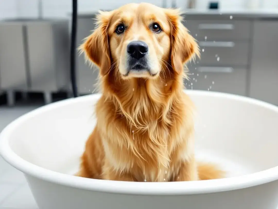 A goldendoodle is being gently bathed in a professional grooming tub, with a groomer using a slicker brush to remove...