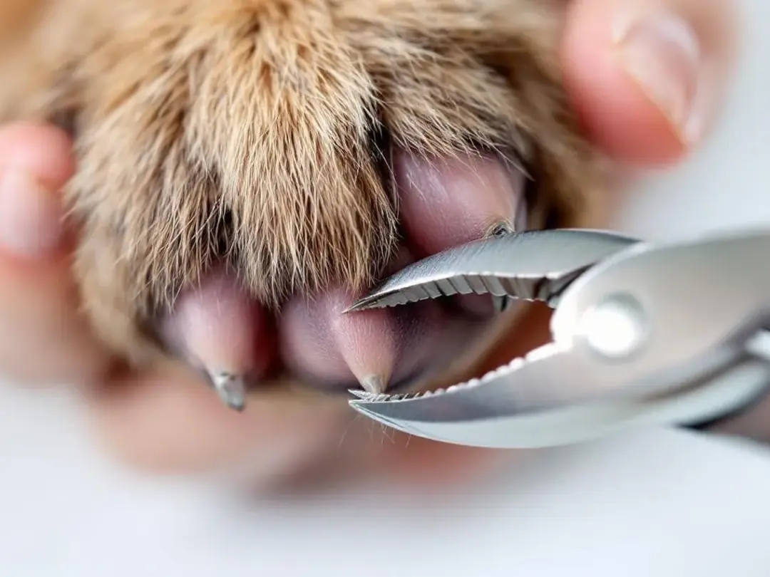 A close-up image shows a groomer carefully trimming a goldendoodle's nails with proper nail clippers, emphasizing the...