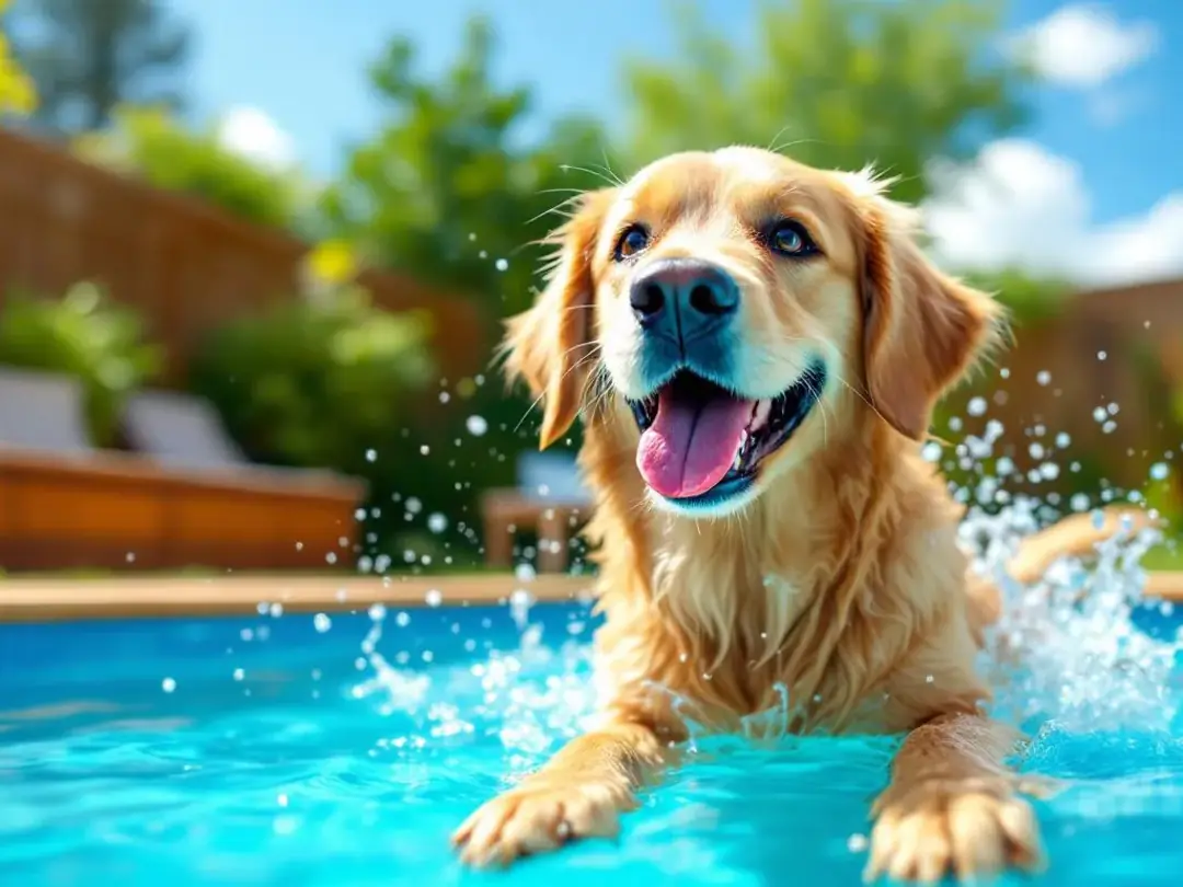 A playful Goldendoodle with a summer cut is enjoying itself in a swimming pool, showcasing its trimmed short coat and...
