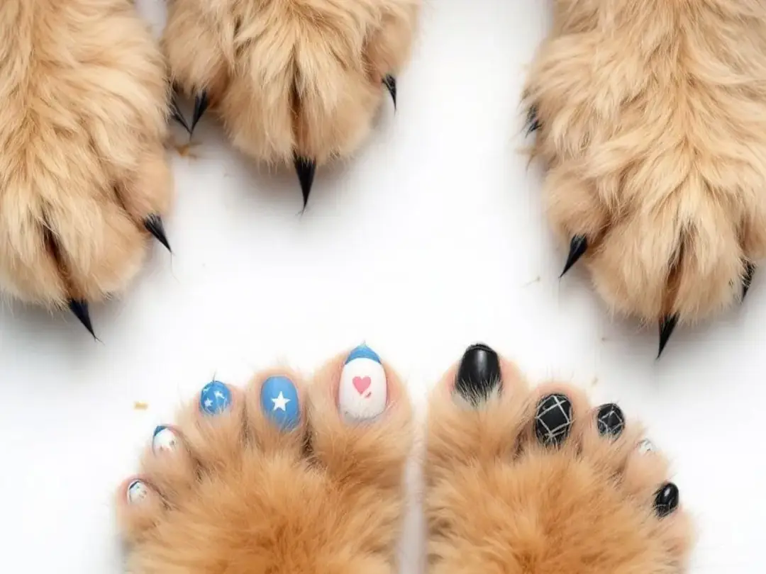 A close-up view of goldendoodle paws showcases various foot styling options, including fluffy, well-maintained coats...