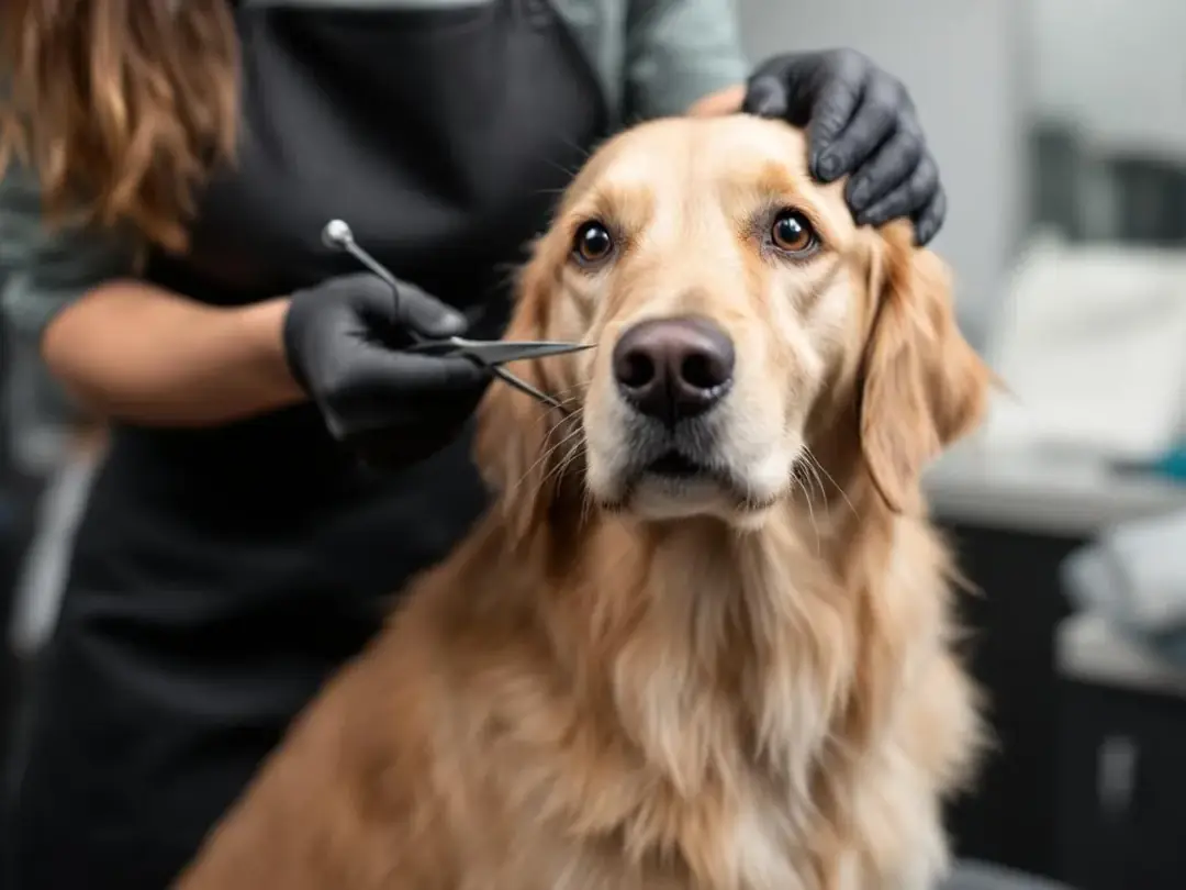 A professional groomer is carefully using scissors to shape the face of a goldendoodle, creating a cute teddy bear...