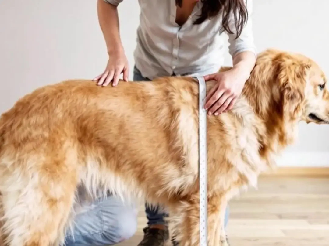 A person is using a measuring tape to measure the height of a golden-colored goldendoodle at the shoulder, illustrating...
