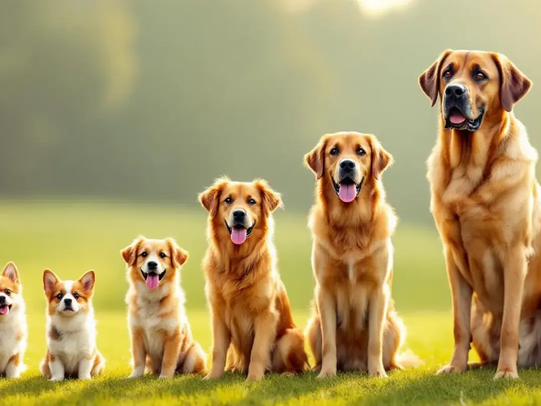 In the image, five dogs of varying sizes are arranged in height order, showcasing a goldendoodle among them. The lineup...