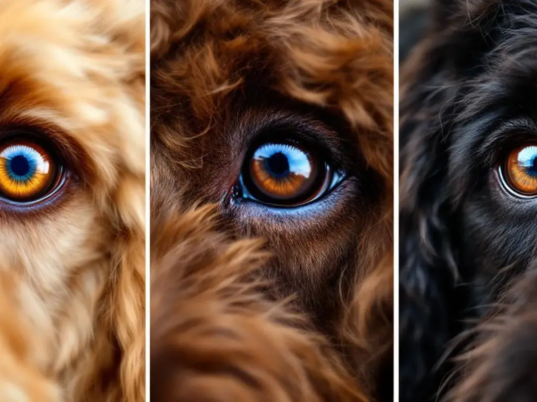 In this side-by-side comparison, the eyes of a goldendoodle are showcased next to those of a golden retriever and a...