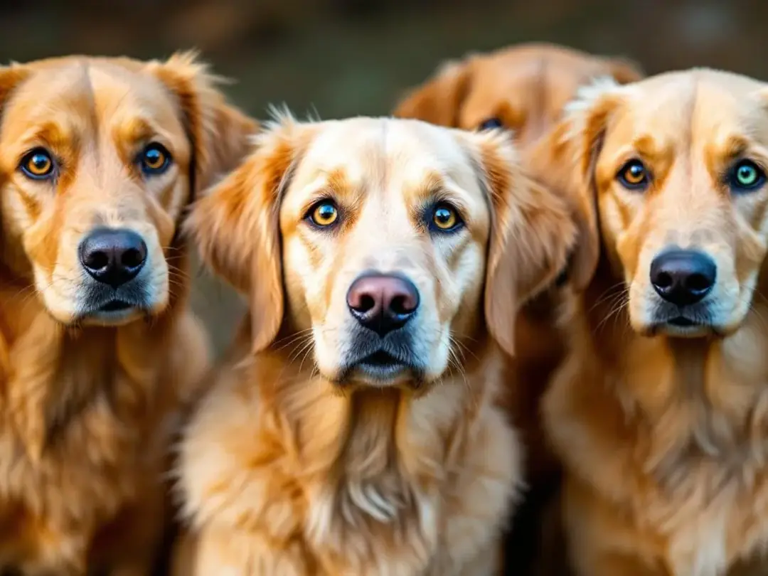 A collection of adorable goldendoodles showcases their strangely human-like eyes, each displaying a range of expressive...