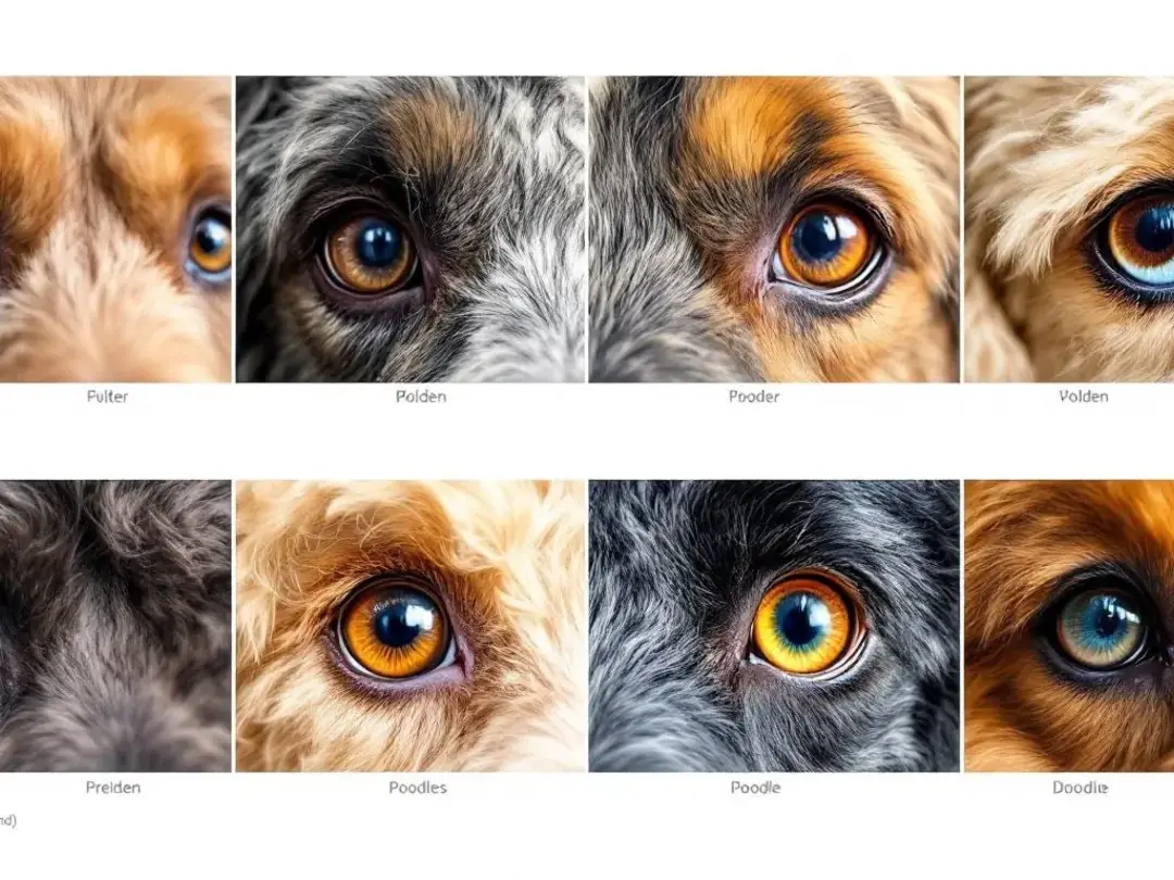 A visual comparison chart displays close-up shots of various dog breeds' eyes, including goldendoodles, golden...