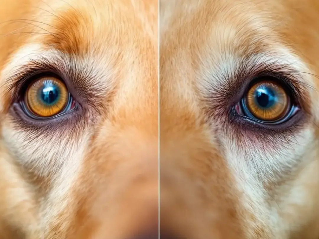 In this comparison image, the left side displays a goldendoodle with healthy, soulful eyes that have a strangely...