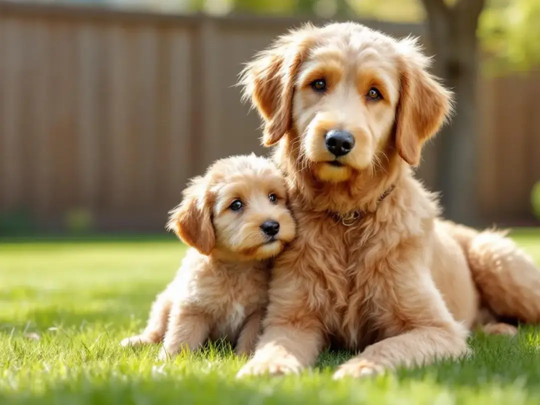 A playful goldendoodle puppy is sitting next to an adult goldendoodle, showcasing the size difference between the two...