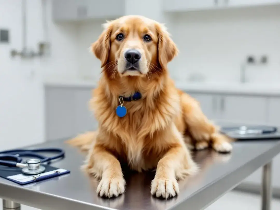 A goldendoodle is sitting calmly on an examination table at a veterinary clinic during a routine checkup, showcasing...