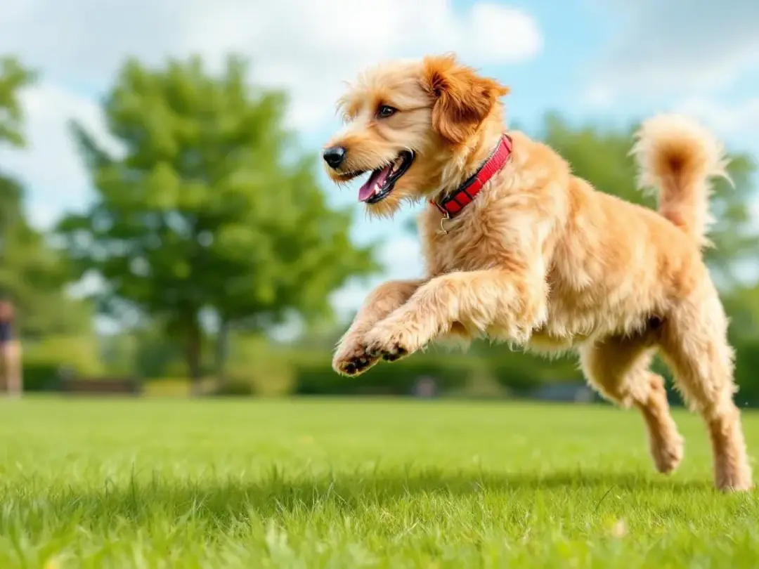 A playful goldendoodle is energetically running through a grassy park, showcasing its lively spirit and friendly...