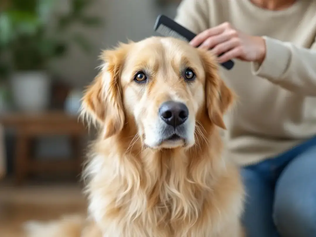 A senior goldendoodle is being gently groomed by its owner, showcasing the dog's fluffy coat and affectionate demeanor...