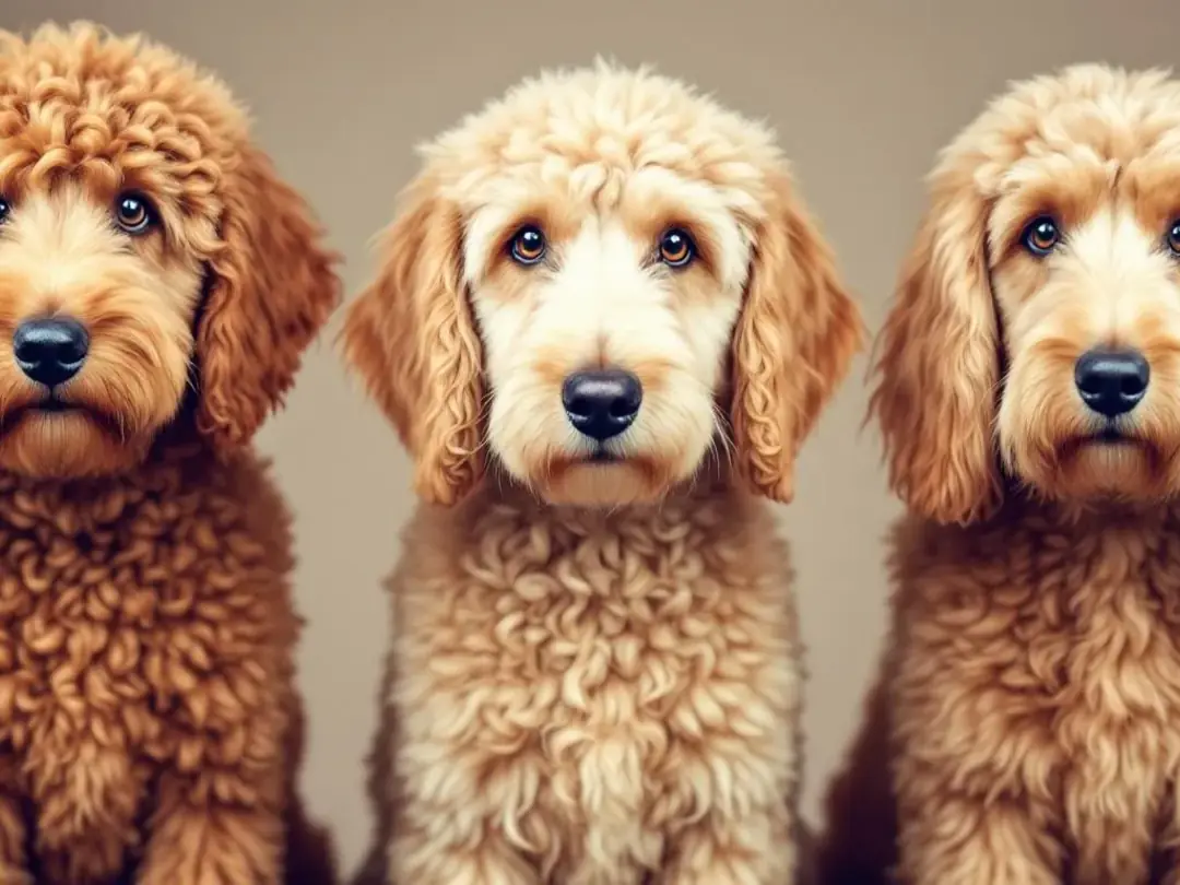 In the image, various goldendoodle puppies are displayed side by side, showcasing their distinct coat types: one with a...