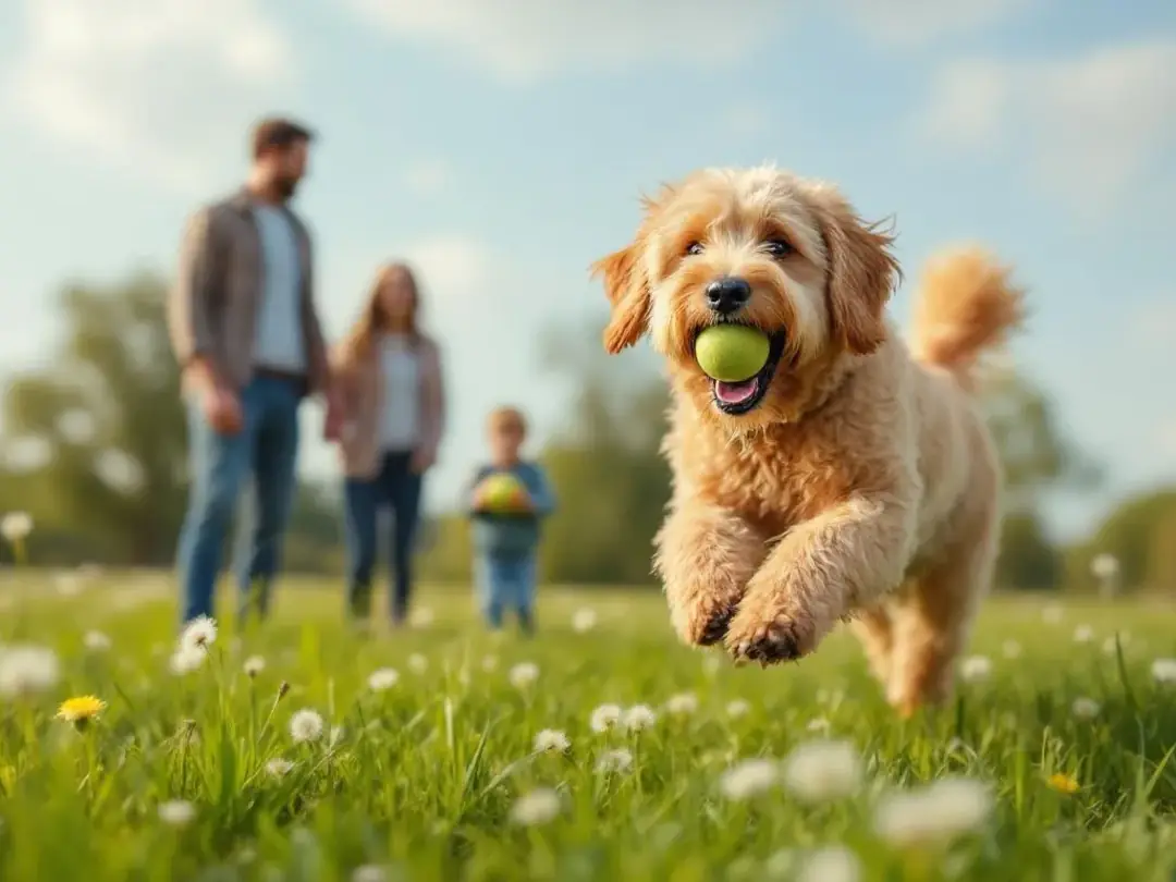 In a large grassy area, a cheerful goldendoodle puppy is joyfully playing fetch, while family members, including kids...