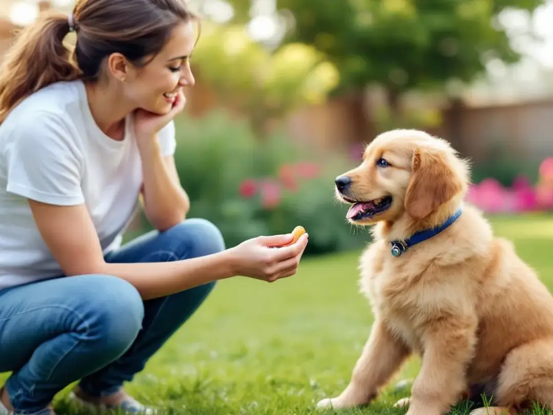 A goldendoodle puppy is engaged in a training session with a family member, who is using positive reinforcement...